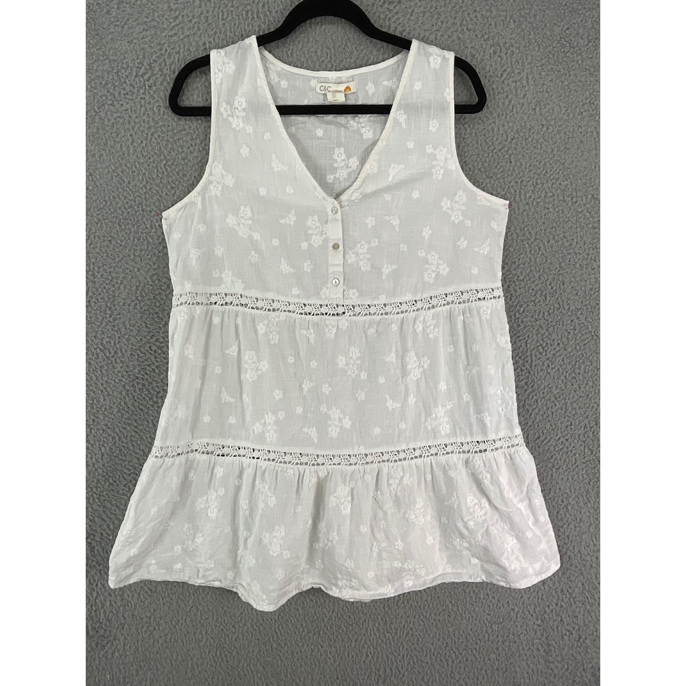 C&C California Sleeveless Top Womens L White Embroidered Tiered Boho Peasant